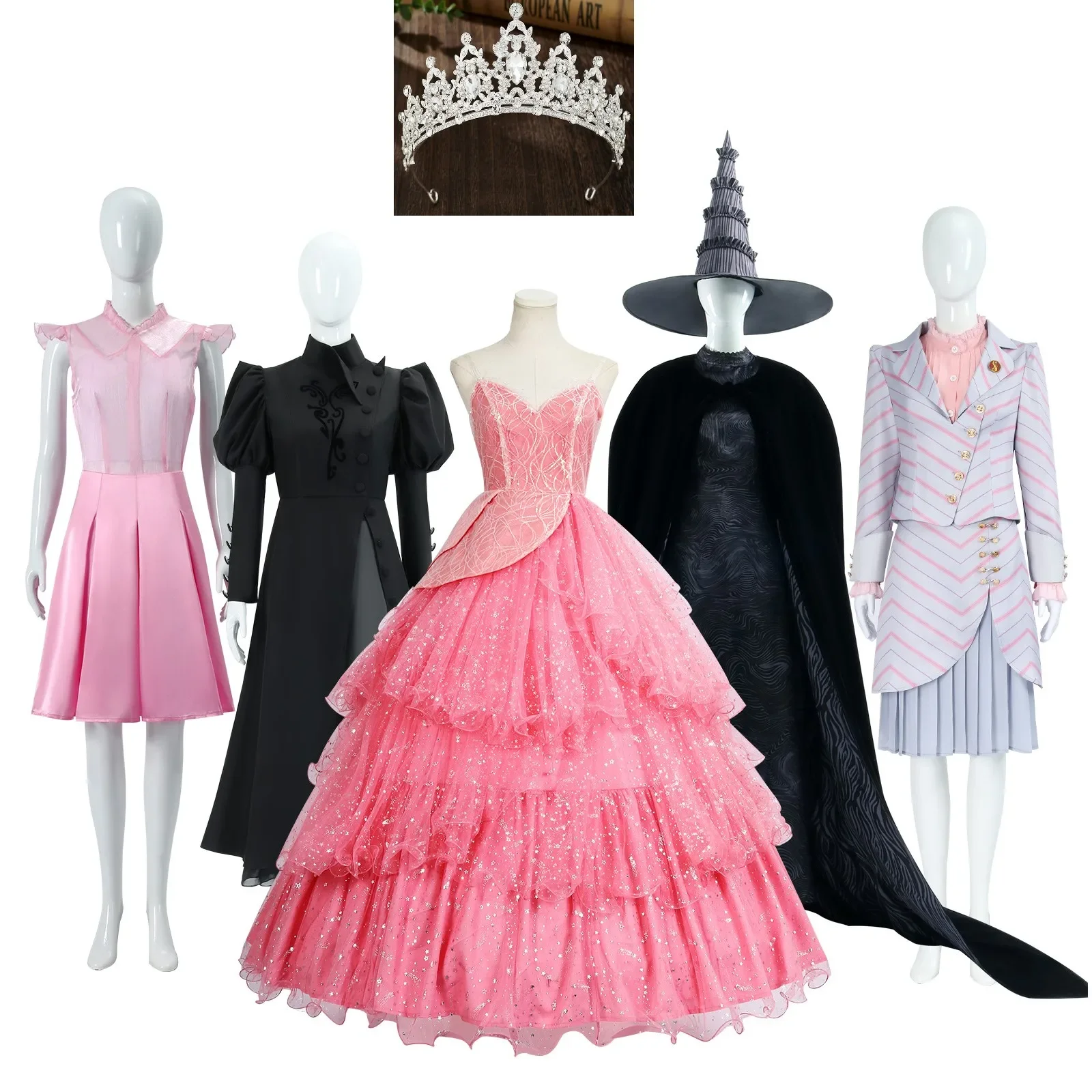 Wicked Cosplay Witches Costumes Glinda Elphaba Clothes Gotic Movie Party Role-playing Pink dress Black Dress Robe Hat