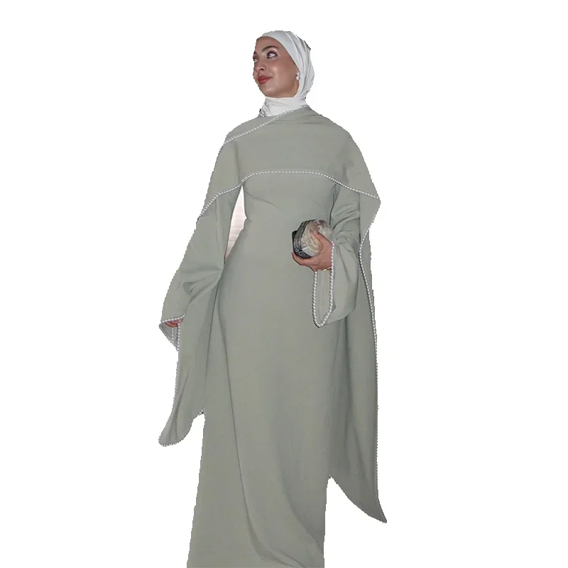 Weißes Perlenbesetztes Cape-Maxikleid für Damen, Elegantes Langarm-Kleid mit Taillenschnürung, Muslimische Robe, Frühling 2026 EID Abaya Damenkleider