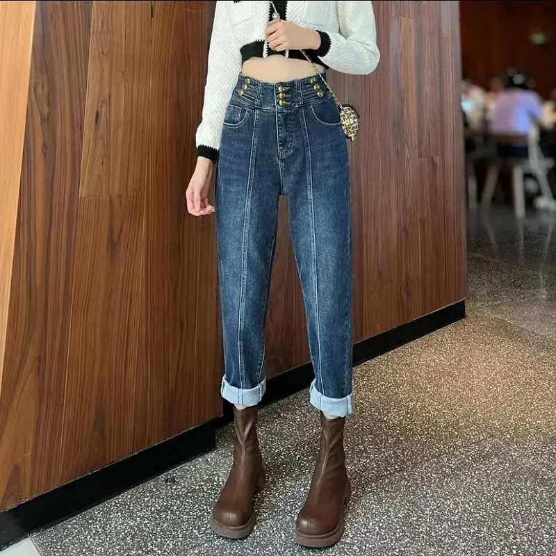 

High Waist Fleece Lined Loose Fit Three Button Women's Denim Jeans Fall Winter New Style Harlan Dad Pants Trendy Design