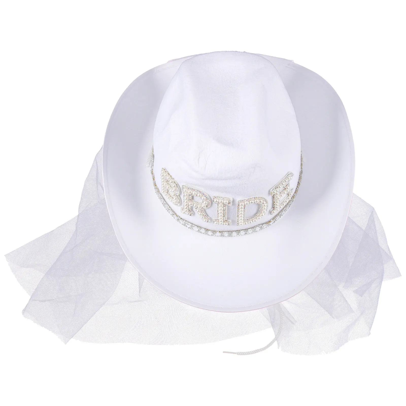 White Cowgirl Hat Bridal Rhinestone Pearl Veil Wedding Bachelorette Party Bride Cowgirl Hat Bachelorette Party Favors