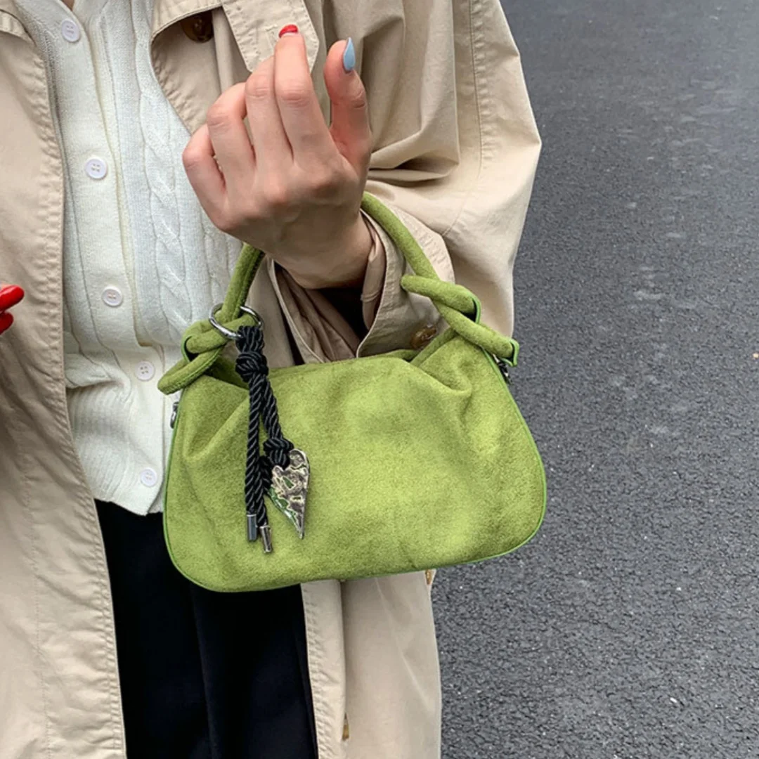 Vintage Suede Dumpling Shoulder Bag with Heart Charm for Women Girls Daily Commute Casual Crossbody Handbag Soft PU