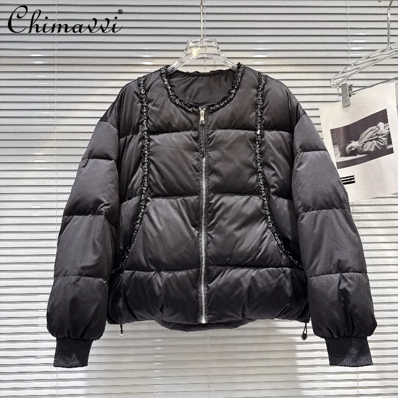 

Winter Clothes New Fashion Heavy Round Neck Beaded Loose Warm Down Jacket Heavy Long Sleeve Elegant Women's Coats Tops