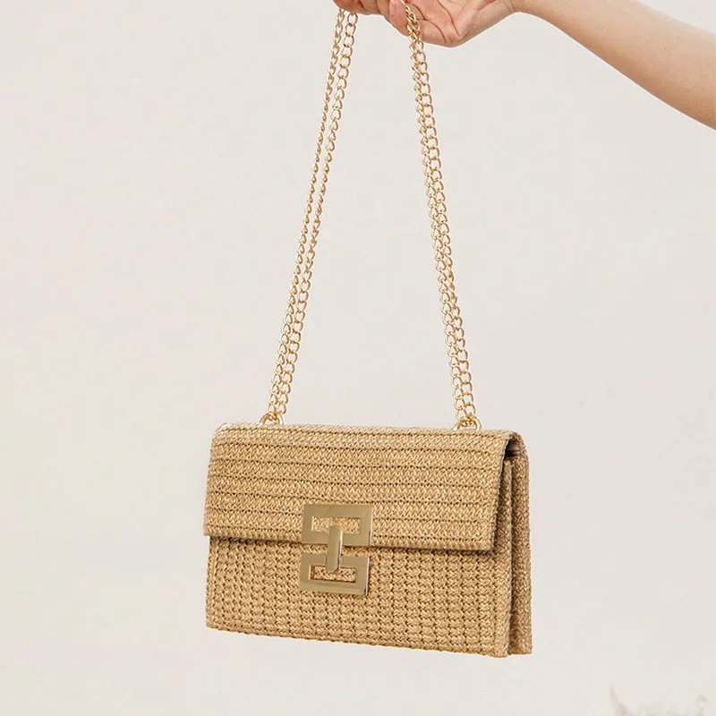 

New Vacation-Style Lady Bag Multi-Layer Chain Flip Lock Straw Woven Bag Single-Shoulder Bag Hot Women's Bag