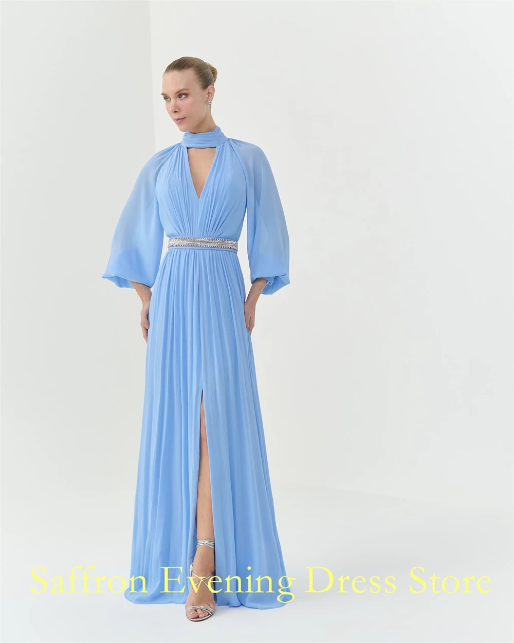 Customized Graceful V-Neck Chiffon Puff Sleeves Evening Dress Delicate Backless Party Dress Classic Front Slit A-Line Prom Dress