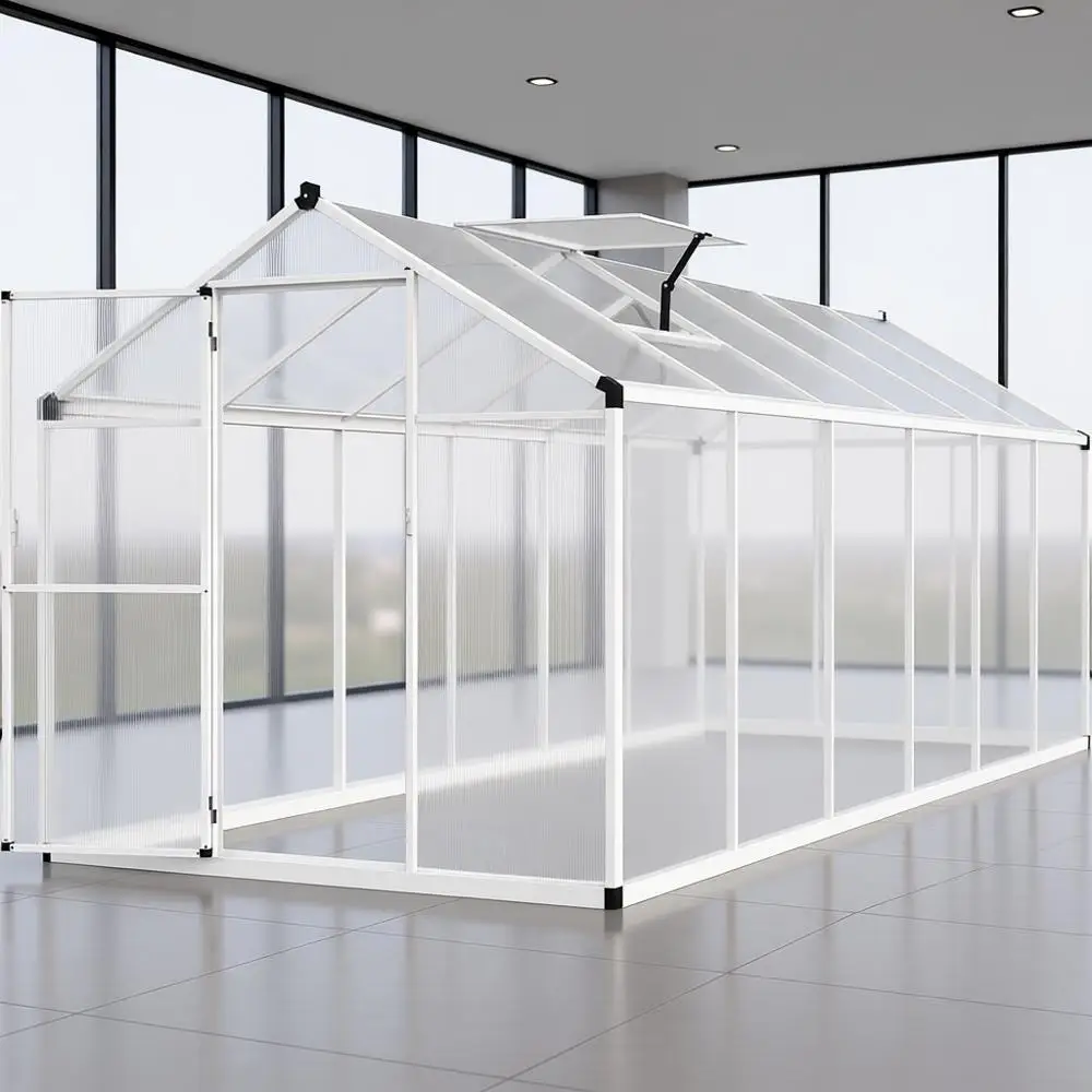 

Walk-In Polycarbonate Greenhouse Kit, Lockable Door, Adjustable Roof Vent, Winter Garden, White