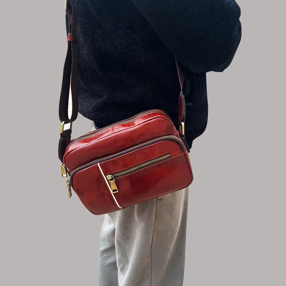 Men's Vintage Leather Shoulder Bag | Brown Small Square Crossbody Bag | Zipper Closure Messenger Bag | Gift for Men