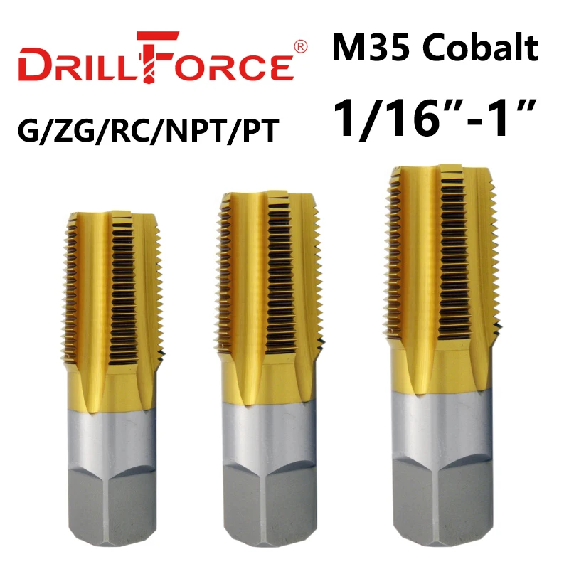 Drillforce الكوبالت الأنابيب المسمار صنبور لولبي لقمة ثقب HSSCO M35 مستقيم الناي أدوات ل الفولاذ المقاوم للصدأ G/ZG/RC/NPT/PT 1/16 "-1"