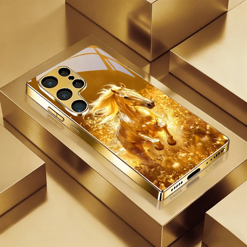 Sparkle Gold Horse Electroplated Golden Phone Case For Samsung A31 A51 A71 A12 A22 A32 A42 A52 A72 A13 A23 A33 53 31 Glass Cover