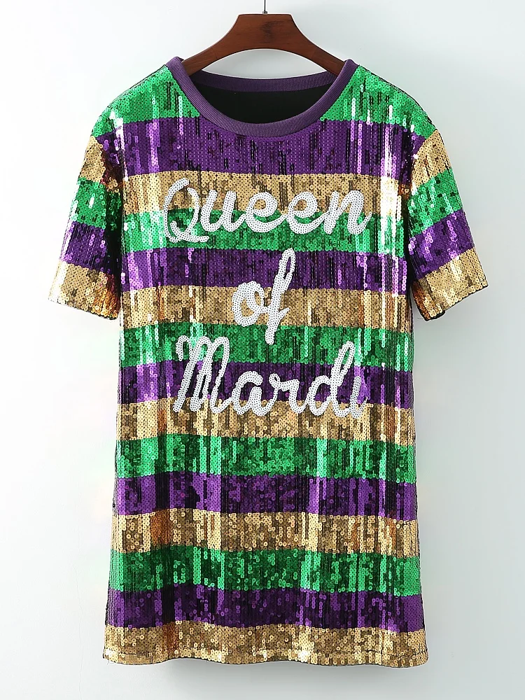 Queen of Mardi Gras Sequin Tshirt Dress Short Sleeve Gold Purple Green Glitter Stripped Party Dress for Women