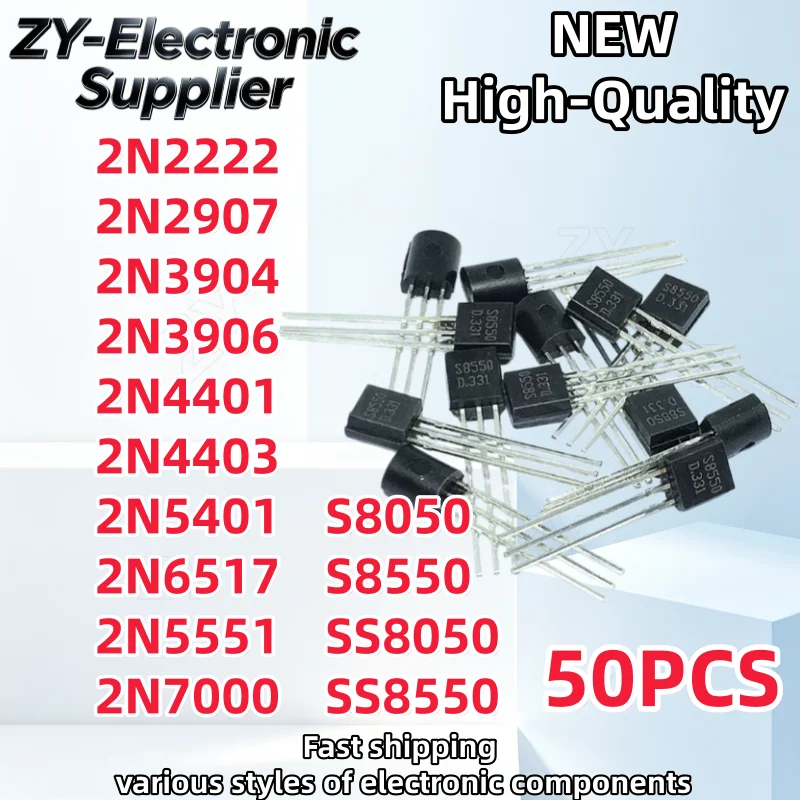 50Pcs 2N2222 2N2907 2N3904 2N3906 2N4401 2N4403 2N5401 2N6517 2N5551 2N7000 S8050 S8550 SS8050 SS8550 TO-92 Transistor Triode