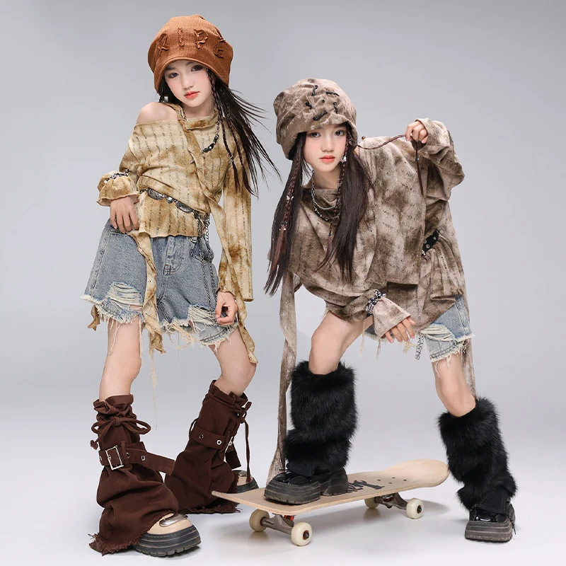 

Jazz Dance Wasteland Style Outfits Long Sleeve Top Denim Shorts Hip-hop Suit Street Dance Clothes Catwalk Show Costumes DQL9839