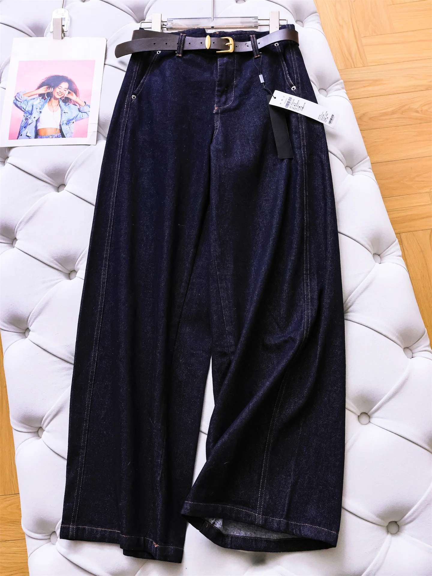

High Waist Thickened Loose Wide Leg Pants Belt Pure Color Casual Style Women's Jeans Knife Pants All Match Cotton Blend