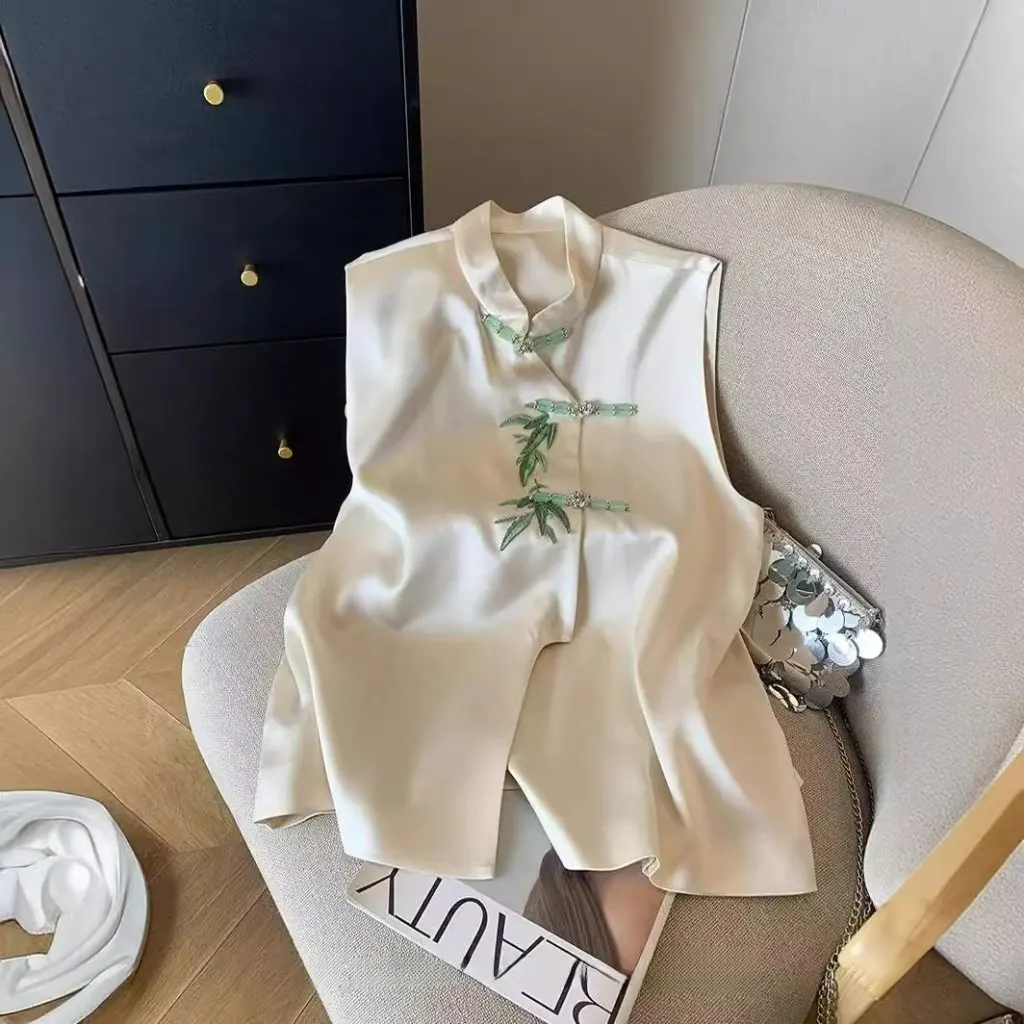 

High-End Women's Bamboo Satin Waistcoat Apricot Stand Collar Chinese Style Spring Summer National Trend Women's Fashion