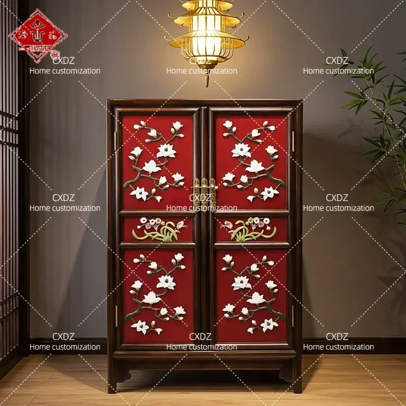 Chinese Elm Wood Double Door Cabinet with Jade Inlaid Orchid Lacquer Finish Traditional Furniture Storage Cupboard for Living