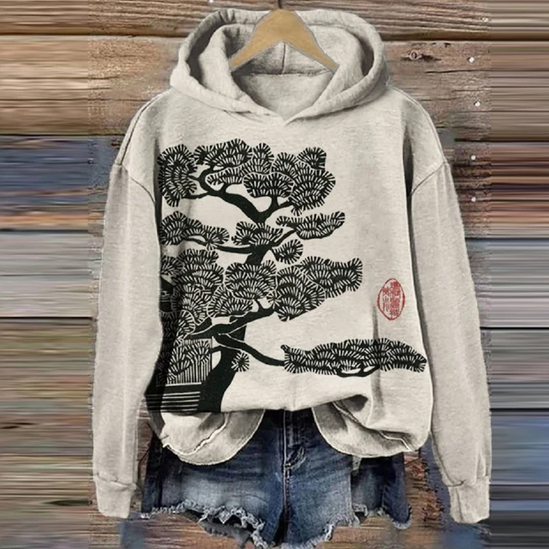 Autumn Winter Female O Neck Sweatshirt Women Long Sleeve Print Plum Blossom Lino Art Cozy Hoodies Lady Casual Loose Pullover Top