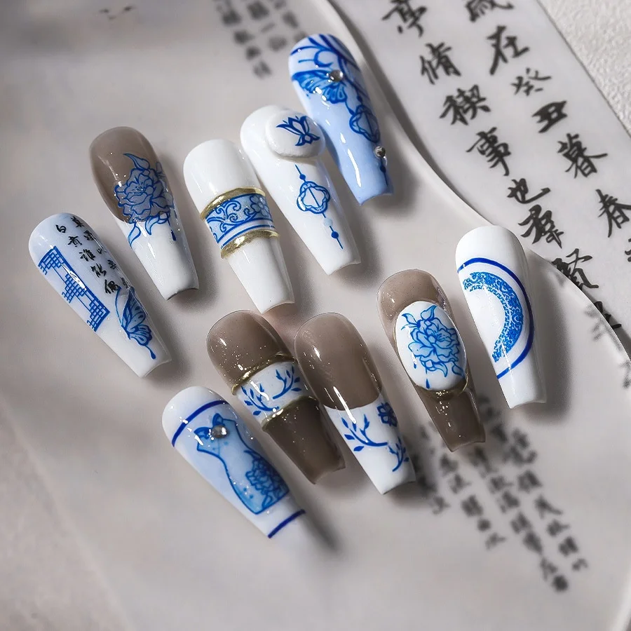 1piece 5D nail sticker high quality blue butterfly cheongsam porcelain bottle jade pendant design self-adhesive nail art sticker