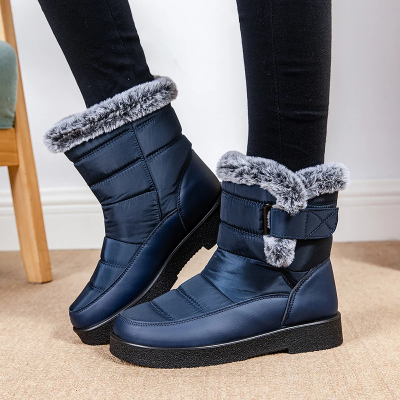 Women Large Size 44 Waterproof Cotton Boots Winter Warm Furry Snow Booties Outdoor Hook Loop Thicken Plush Ankle Boots Mujer