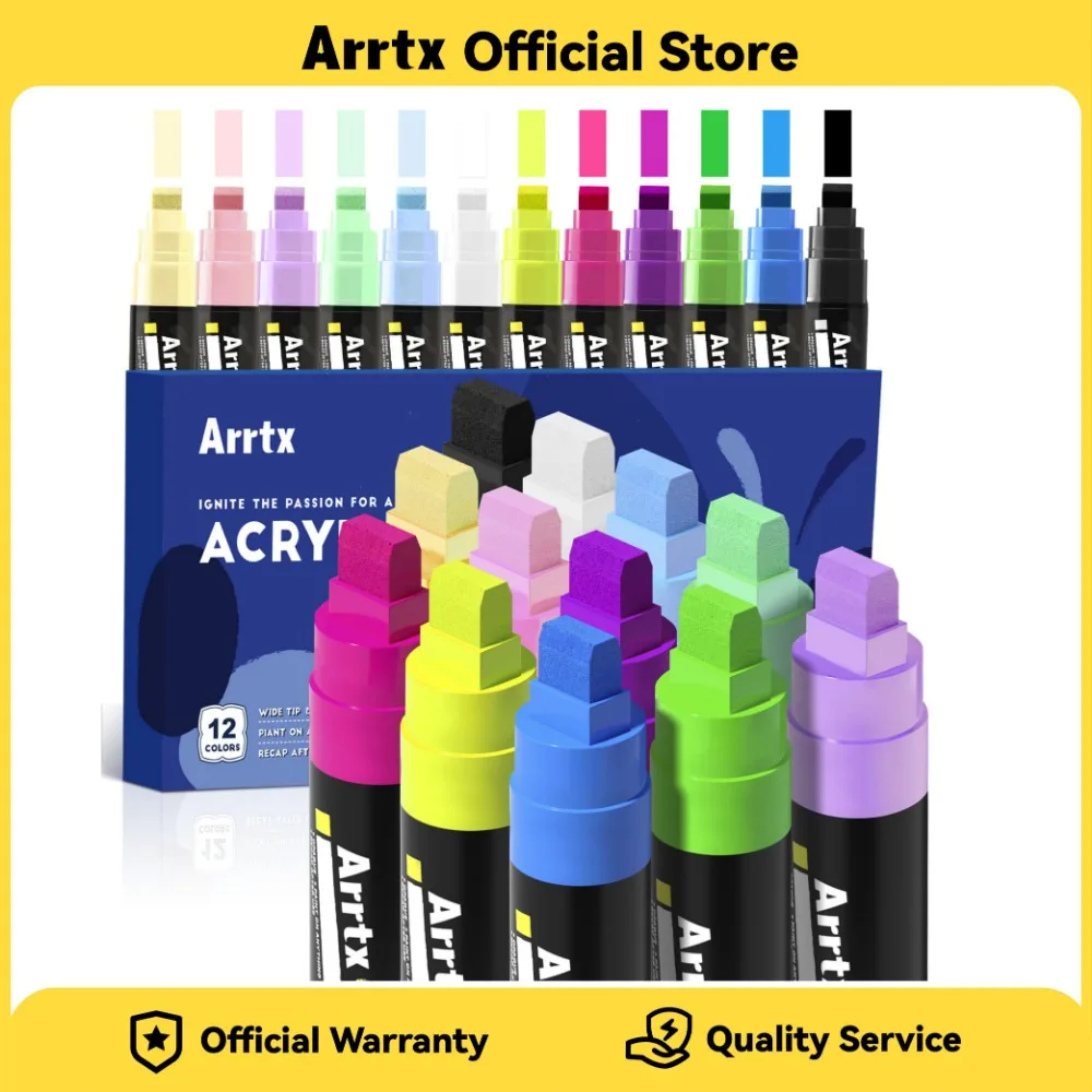 

Акриловые маркеры Arrtx Jumbo, 10 мм, 12 цветов, широкие наконечники, ручки для акриловой краски для рисования камня, стекла, дерева и ткани, нетоксичные