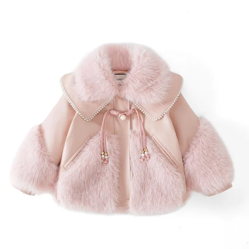 

2024Girls' New Autumn/Winter Fur Integrated Fleece-lined Trendy Stitching Furry Sweater Fashionable Cotton-Padded Clothes