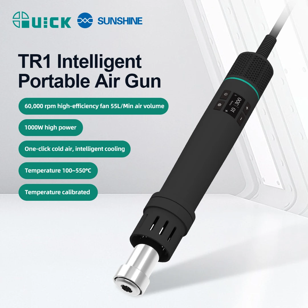 

QUICK TR1 Intelligent Portable Heat Gun Digital Display 60,000 RPM Fan 55L/Min Air Volume for PCB BGA SMD Chip Soldering Repair