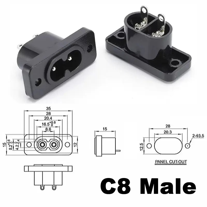 1Pcs C8 Male Power Socket C7 Female Plug Power Outlet Embedded Electric Connector 35mm*15mm AC 2.5A 5A 250V