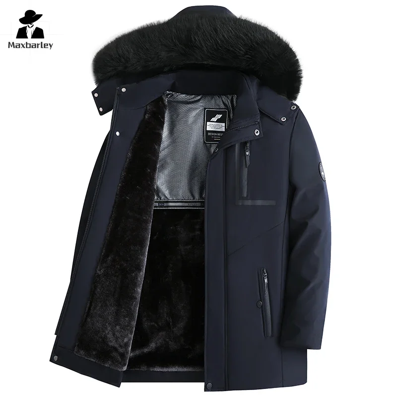 2024 Winter Jacket Men's High-end Retro Windproof Warm Big Fur Collar Hooded Cotton Padded Coat British Style Trendy Thick Parka