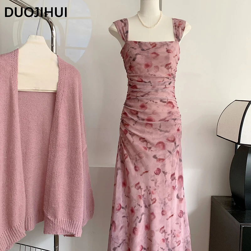 DUOJIHUI New Two Piece Pink Chicly Floral Female Dresses Sweet Loose Simple Elegant Fashion Slim Waist Zipper Casual Women Dress