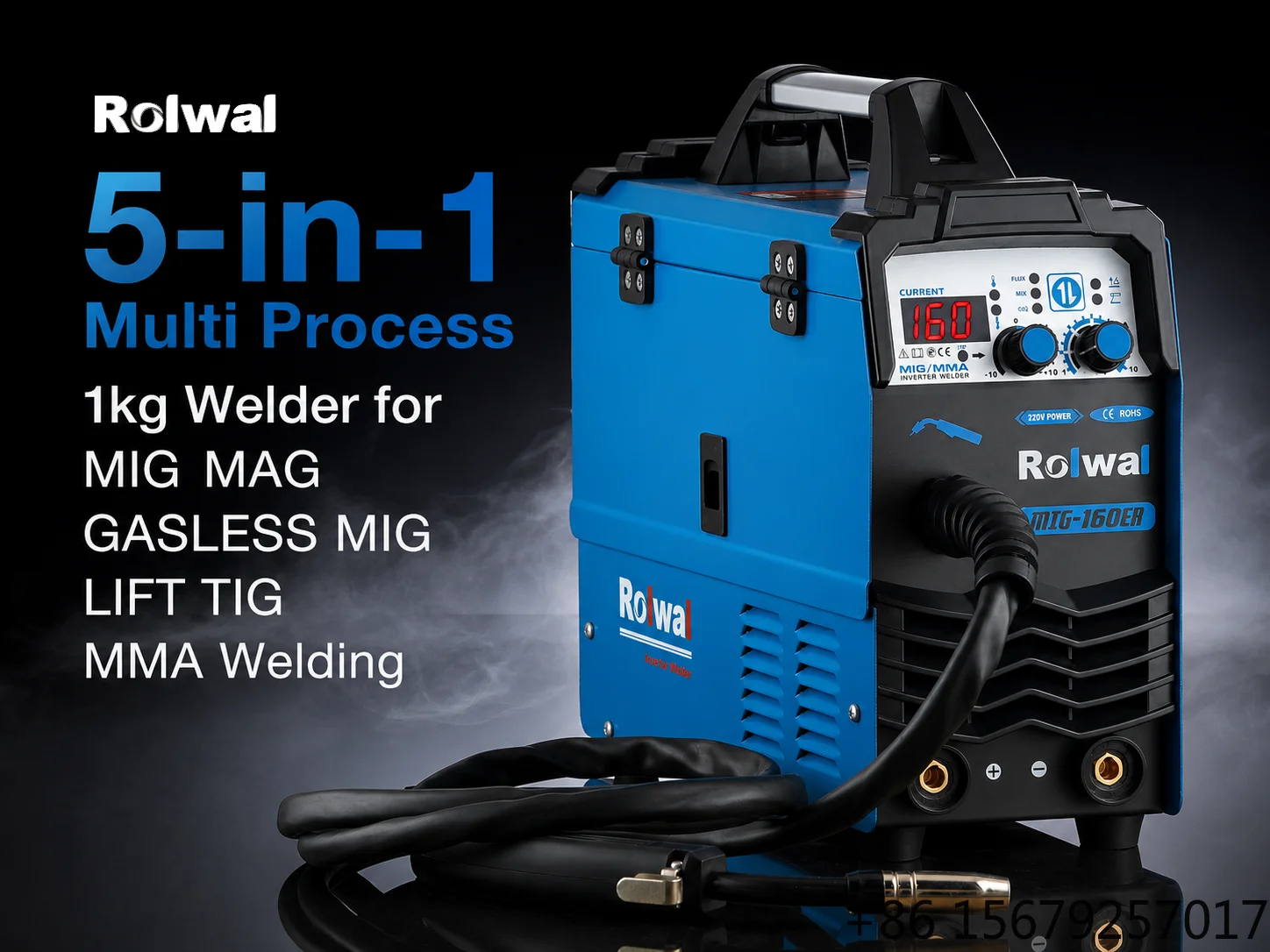 New Rolwal Synergic 4-in-1 Portable DC MIG Flux-cored Lift TIG MMA Inverter Welder 160A Duty Cycle IGBT Technology 1 Year