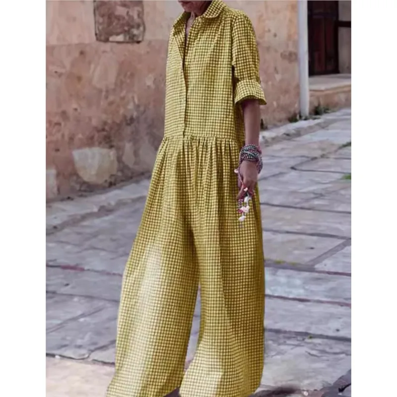 Women's Loose Casual Plaid Printed Jumpsuit Fashion Lapel Single Breasted Half Sleeve Wide Leg Jumpsuit Spring Autumn Lady New