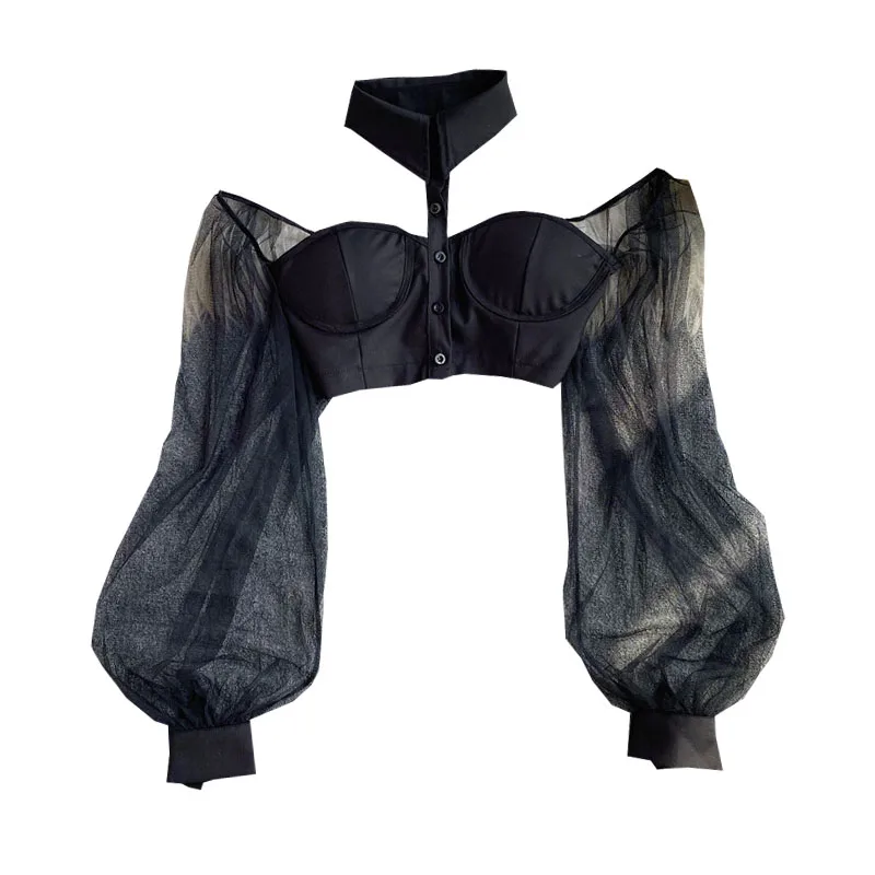 Faionable Sexy ort oulder Bared Cute Belly irt Women's Trendy Slim Fit irt f High Collar Bubble Sve Long Sve
