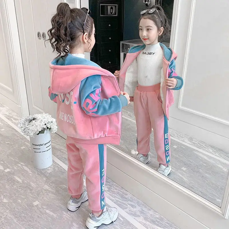 2024 Autumn winter girls tracksuit Toddler Teenager Clothes letter velvet jacket hoodie + Pant Children Kids 5 8 9 10 11 12 year