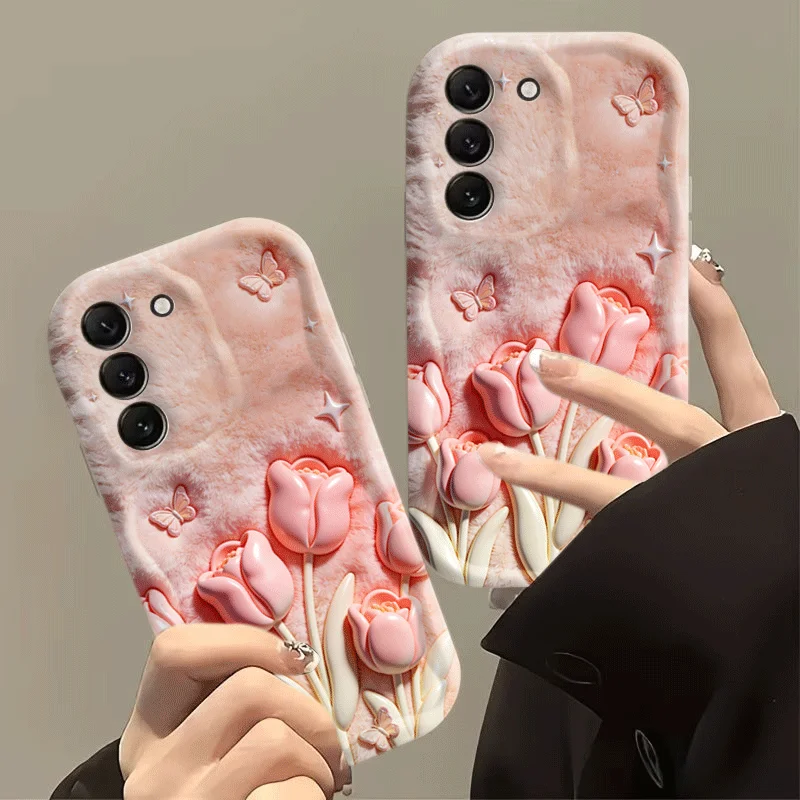 2D Flat Design Pink Tulip Phone Case For Samsung Galaxy S26 Ultra S24 S25 FE S22 S23 Plus A56 A55 A37 A36 A27 A26 A16 Back Cover