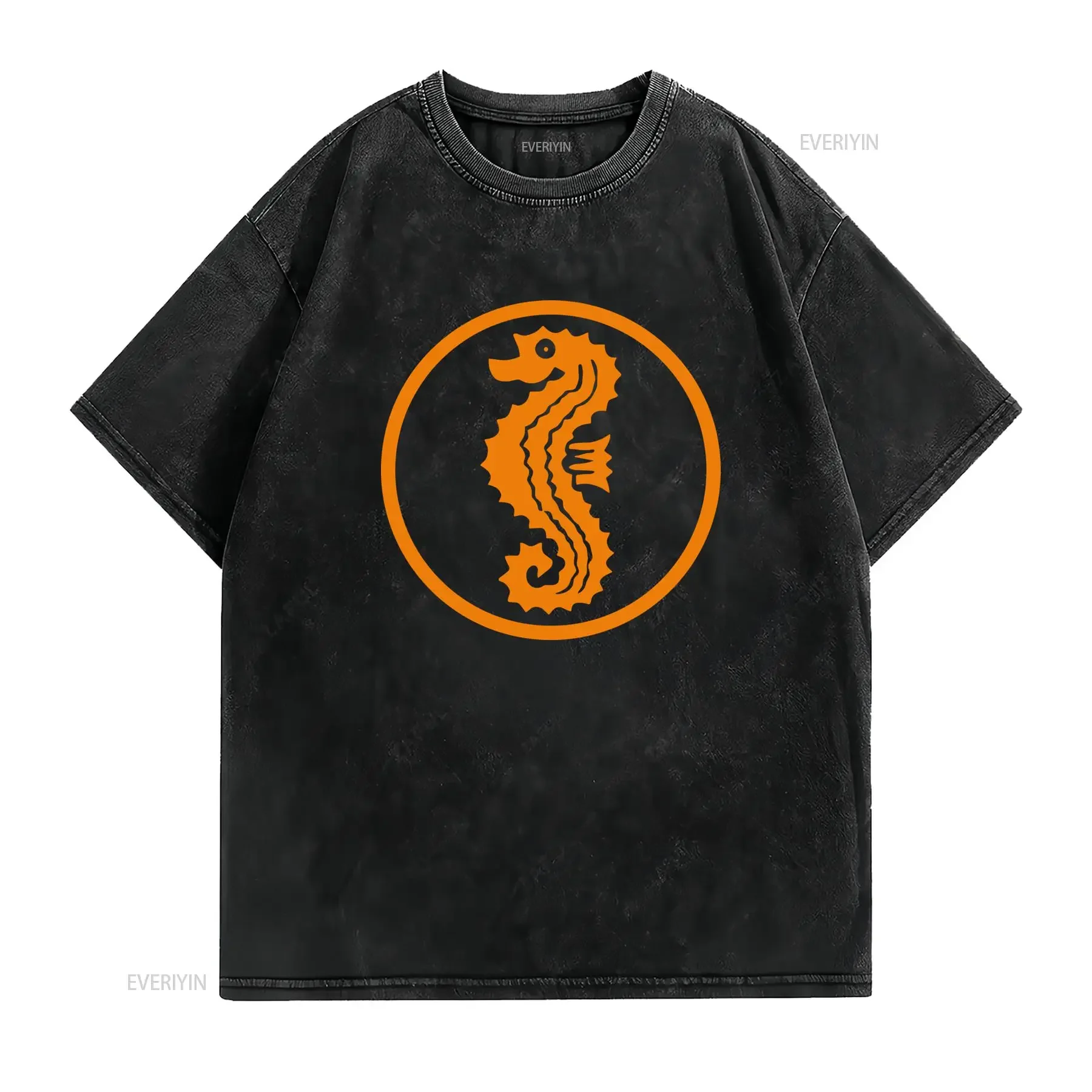 Retro Minimalist Orange Seahorse Circle Print Casual Nautical T Shirt vintage Washed Stretched Top For Everyday Wear Slightly