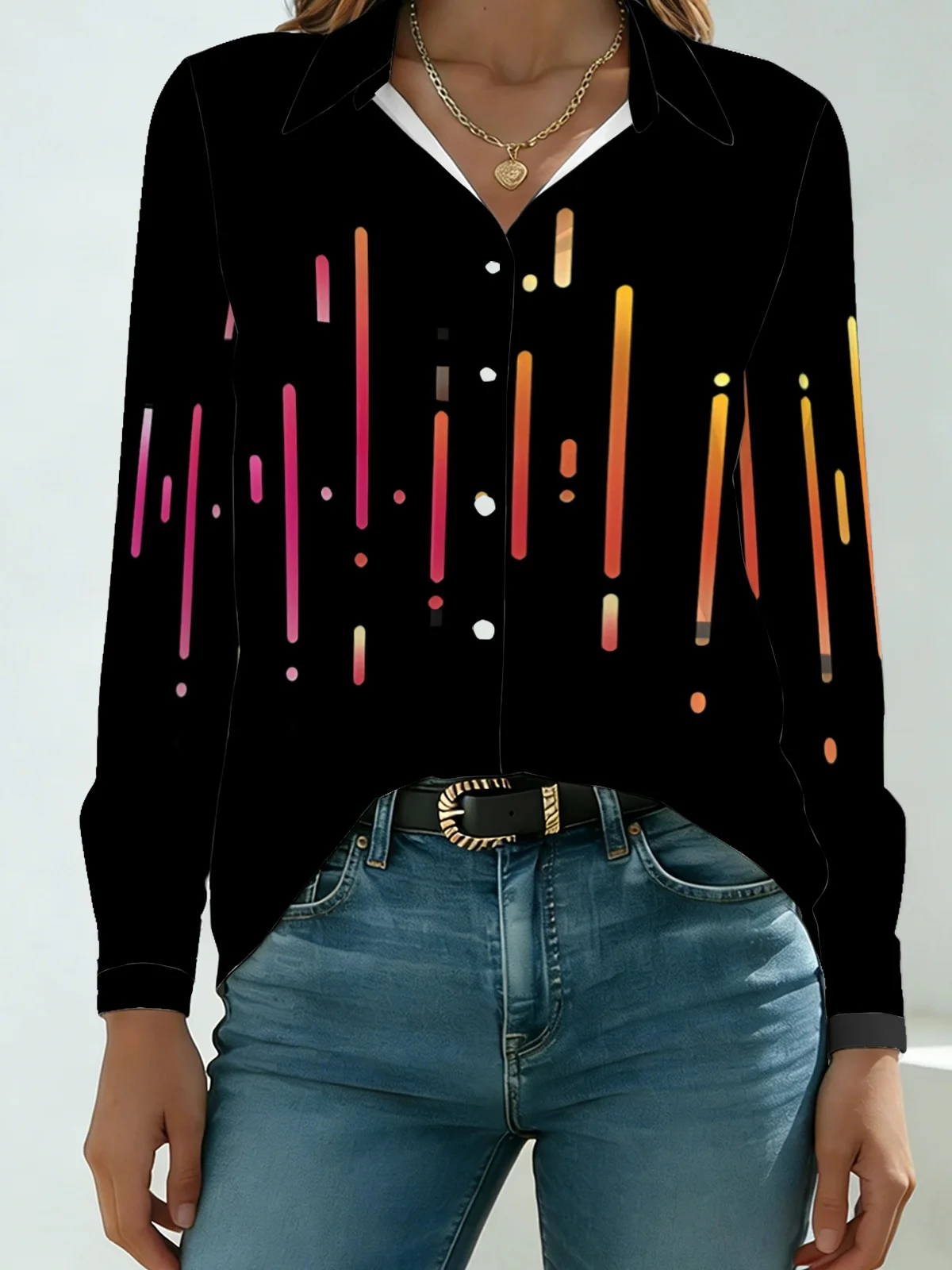 Fall Season Abstract Night Sky Print Women Lapel Blouse Deep Black Solid Base Fluorescent Color Falling Meteor Streak Long Sleev