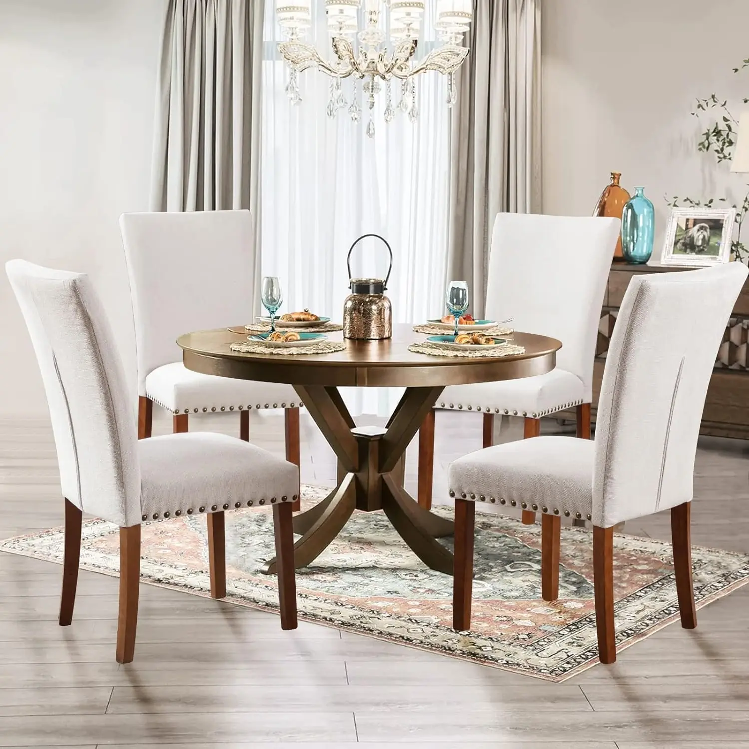 Parsons Juego de 4 sillas de comedor tapizadas con cabezal de clavos, silla auxiliar de cocina para comedor con cojines gruesos y patas de madera, color beige