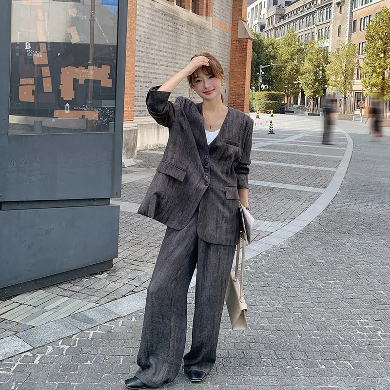 

Весенний серый хлопковый льняной костюм, комплект из 2 предметов, женские повседневные модные однобортные пиджаки с длинными рукавами, широкие брюки с высокой талией