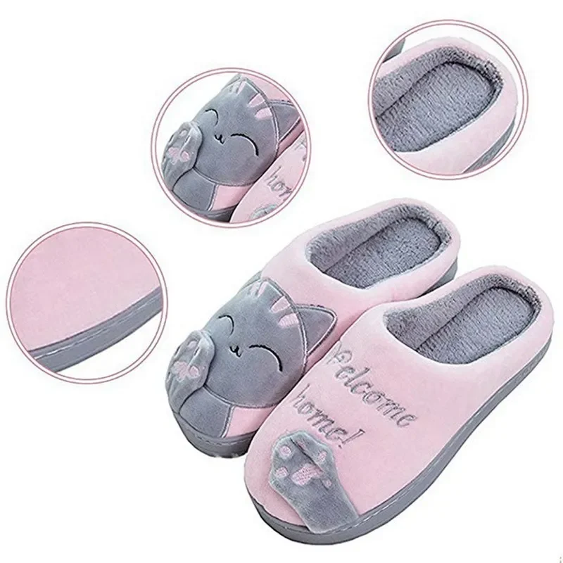 Casal inverno casa chinelos sapatos femininos bonito dos desenhos animados gato chinelos masculino quente de pelúcia slides quarto interior anti-deslizamento chinelo