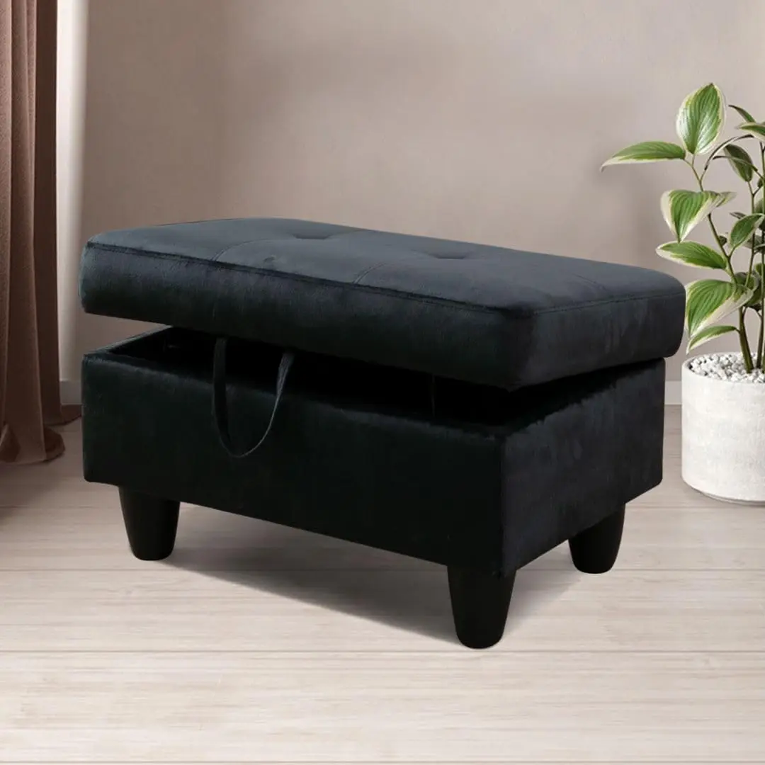 Flannel Storage Ottoman Bench with Hinged Lid, Footrest & Footstool for Living Room, Bedroom, Entryway, Black, 28.5 x 19 x 17.5 Inches