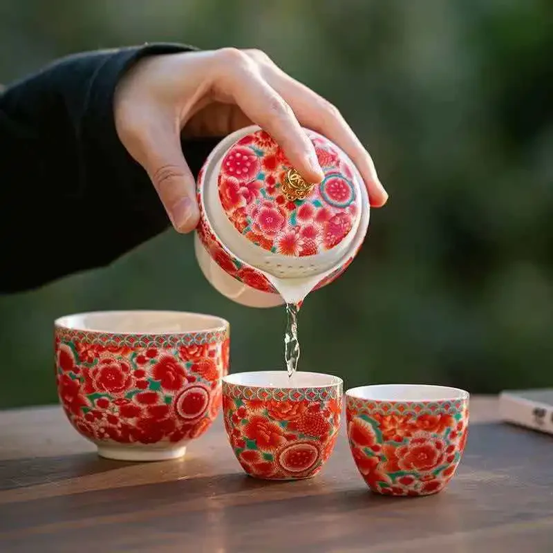 Enamel-painted Portable Tea Set, Ceramic Guest Cup Teaware, Ceramic Teapot and Teacup, Portable Outdoor Tea Set