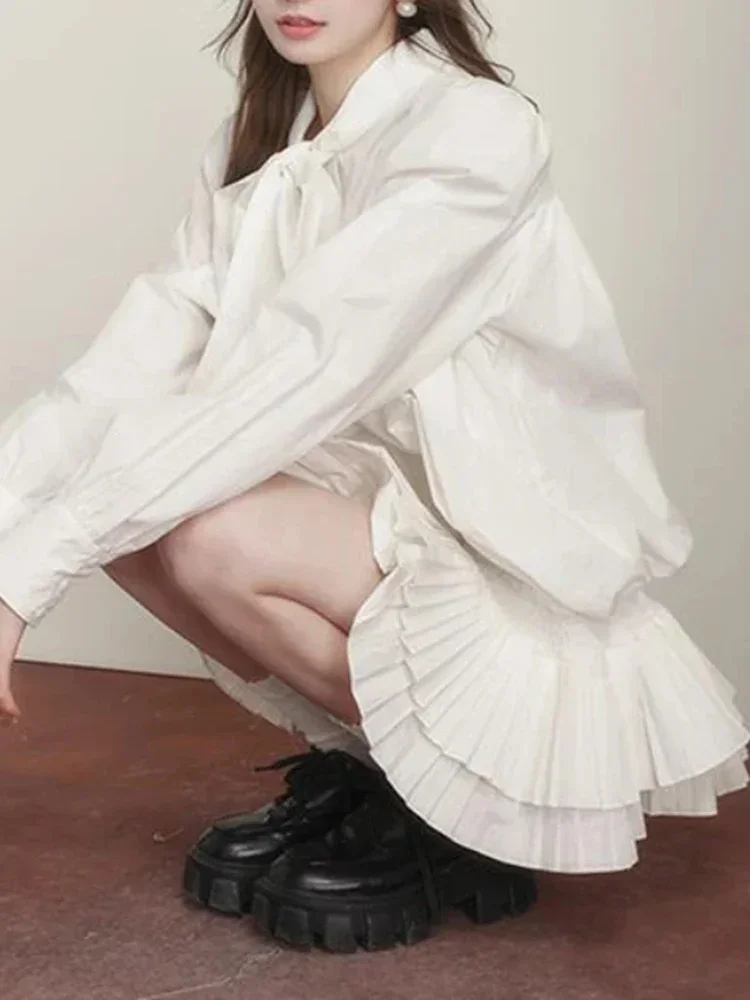 Nova manga comprida branca plissada renda até camisa saia para mulheres moda coreana e doce estilo universitário casual mini vestido feminino