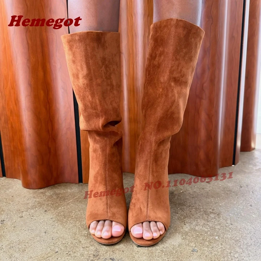 Suede Peep Toe Knee High Boots Stiletto High Heels Slip On Pleated Women's Sandal Boots Autumn Solid Patchwork Casual Shoes 2026