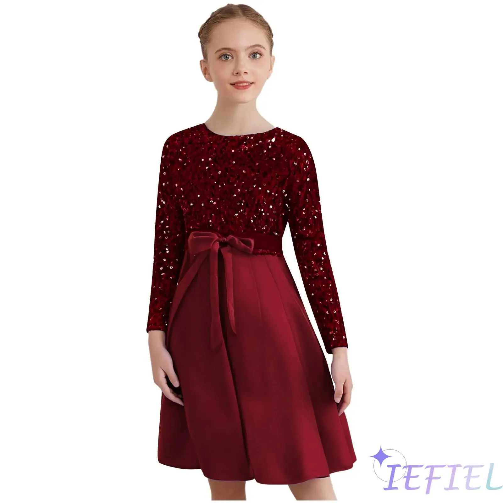 

Kids Girls Christmas Glittery Sequin Party Gown Round Collar Long Sleeve High Waist Pleated Dress for Banquet Wedding Xmas Party