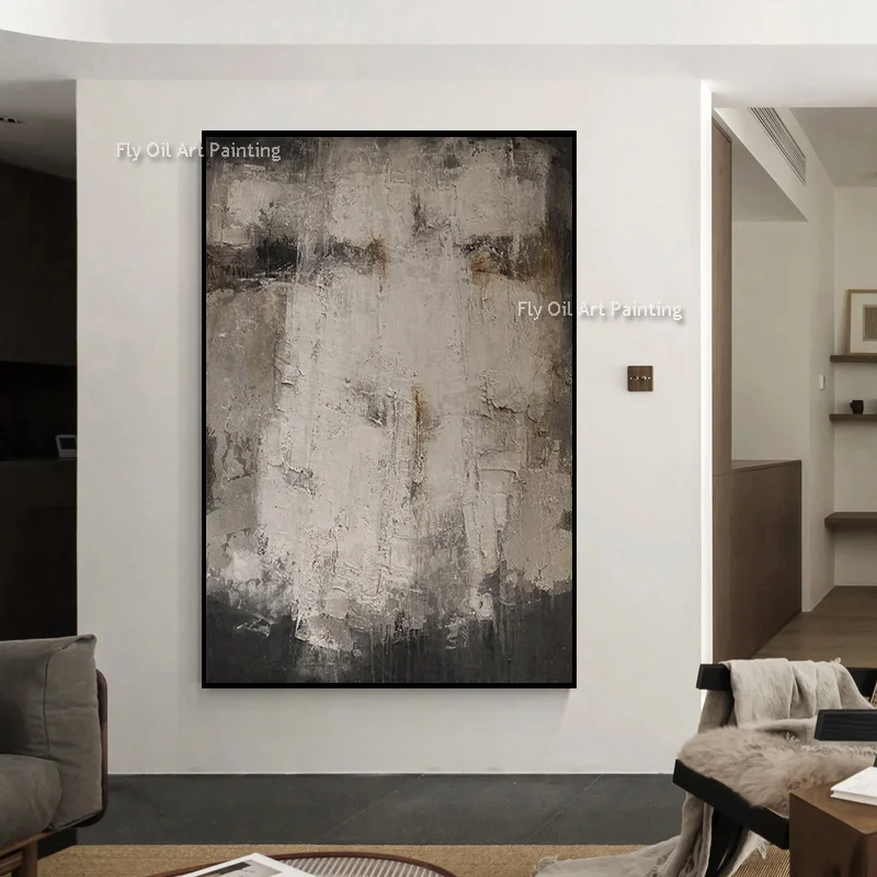 Thick Impasto Hand‑Painted Neutral Wall Art, Grey‑Black Textured Oil Painting, Modern Abstract Canvas Home Interior Decor