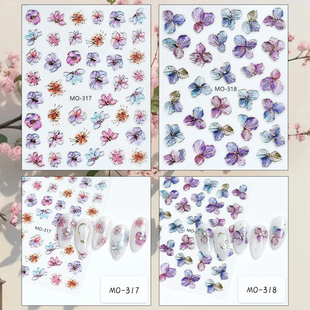 2/4/8 Sheets 5D Watercolor Hydrangea Flower Petal Gilded Gold Embossed DIY Manicure Self-Adhesive Nail Art Stickers
