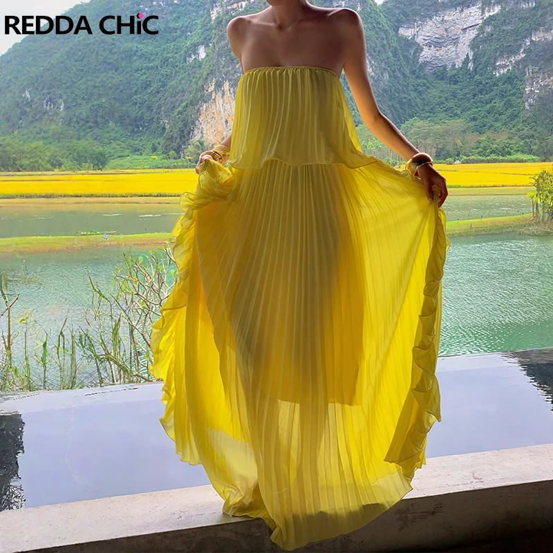 

ReddaChic Romanic Ruffle Party Gown Women Evening Chiffon Strapless Bandeau Flowy Party Dress Cocktail Party Elegant Costume