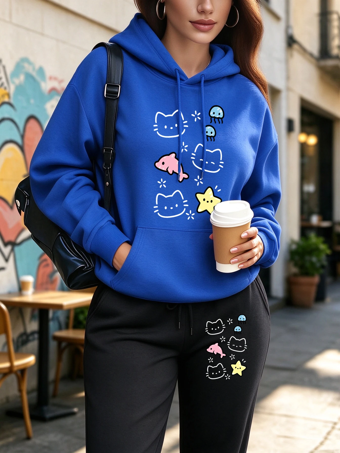 Kawaii Cat Ocean Printing Basics Casual Hoodie Women Street Autumn Pullovers All-Match Long Pants Pocket Fleece Sweatpants