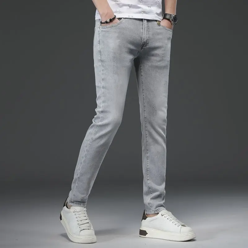 High-end Embroidered Jeans Men's Summer Brand Slim-fitting Small Feet Elastic Korean Thin Casual Men Work Pants Pantalon Homme
