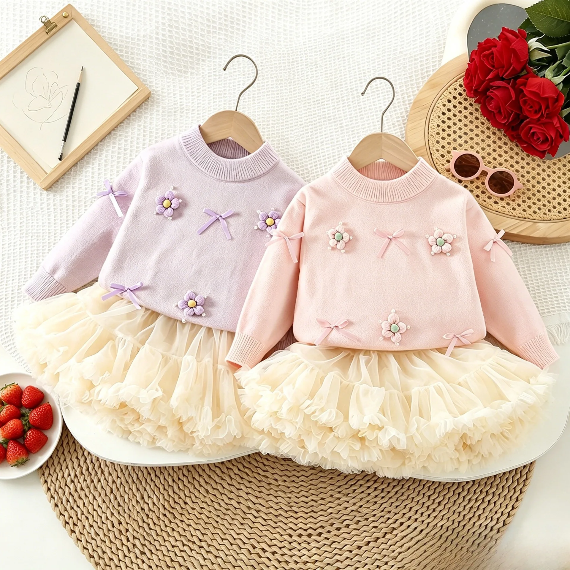 2 PCS Girls Outfit Set Appliques Bow-tie Knitted Sweater + Layered Tulle Skirt Princess Party Clothing with 3D Flowers JY07292