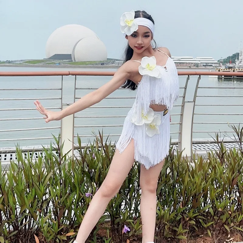 

Customized Children's Latin Dance Dress Practice Clothes Performance Wear Tassel Skirt Suit Set Платье Бахрома