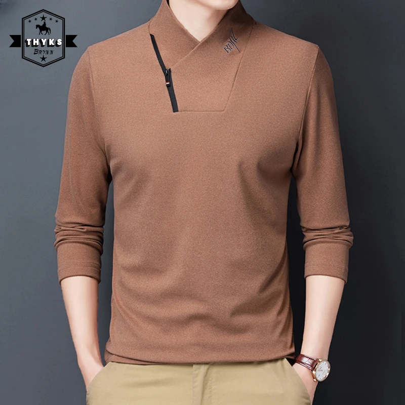 

Embroidery Zipper Half High Collar Pullover Men Thin Double-sided Plush Casual Bottoming Shirt Male Solid Simple Pullover Autumn